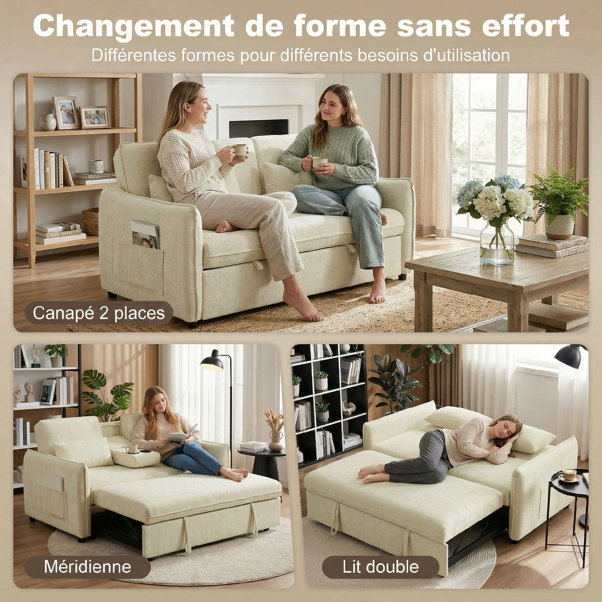 Canapé convertible 2 places 3 en 1, canapé-lit clic clac en chenille avec dossier réglable, porte-gobelets, beige-3