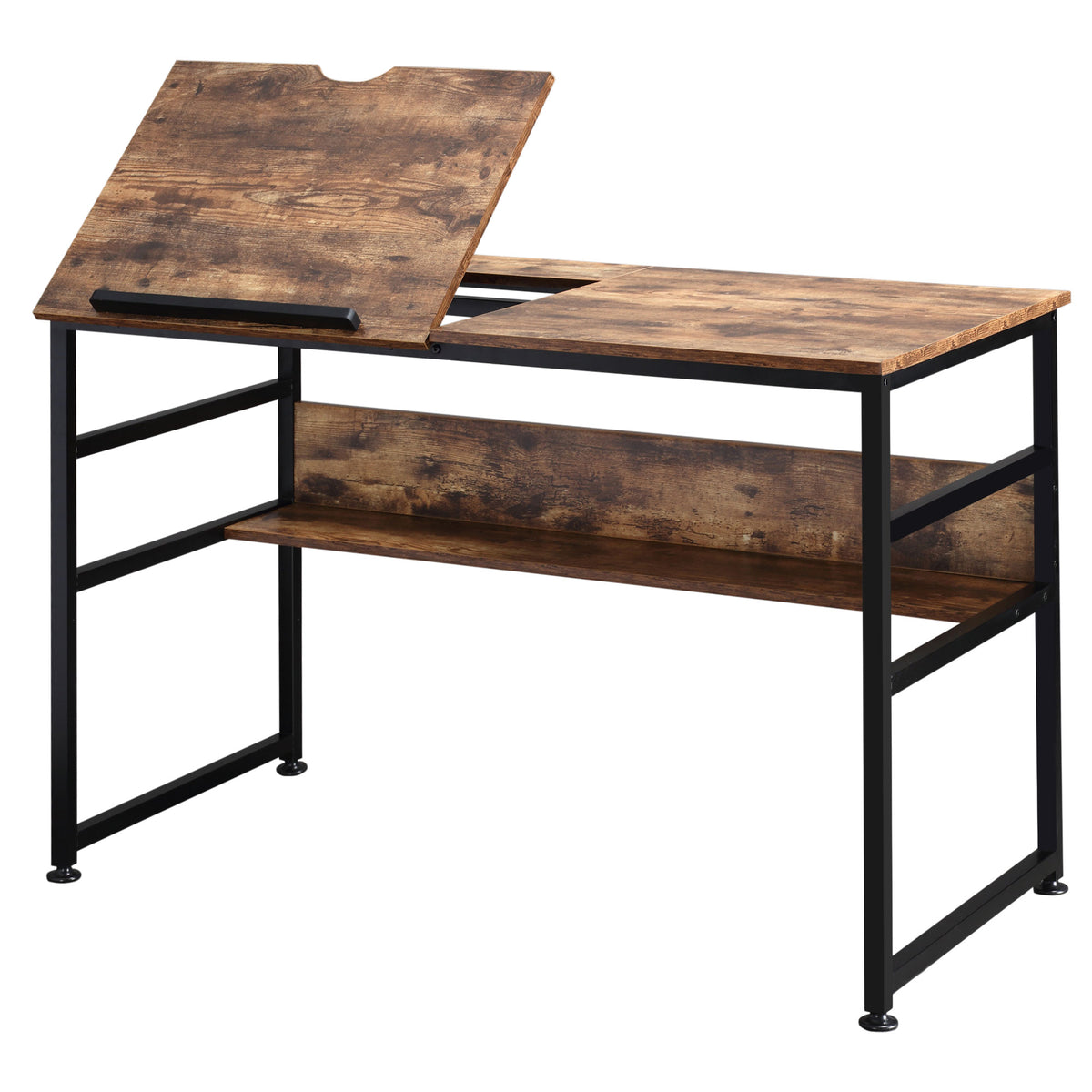 Table à dessin inclinable bureau informatique design industriel - plateau relevable, étagère - panneaux particules aspect vieux bois métal noir-0