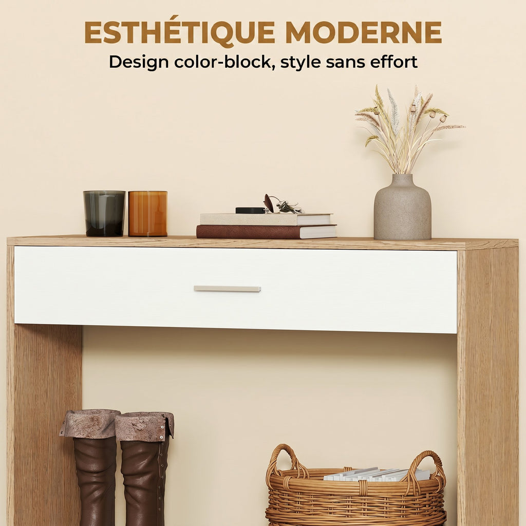 Console meuble + miroir, table console étroite avec tiroir et étagère, style moderne, 91,5 x 27,9 x 85,5 cm, chêne-5