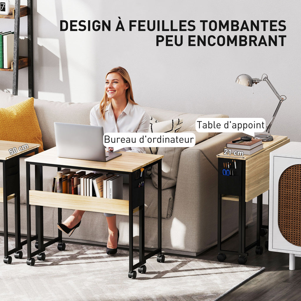Bureau pliable sur roulettes 80 x 50 cm avec étagère et sac de rangement, chêne-3