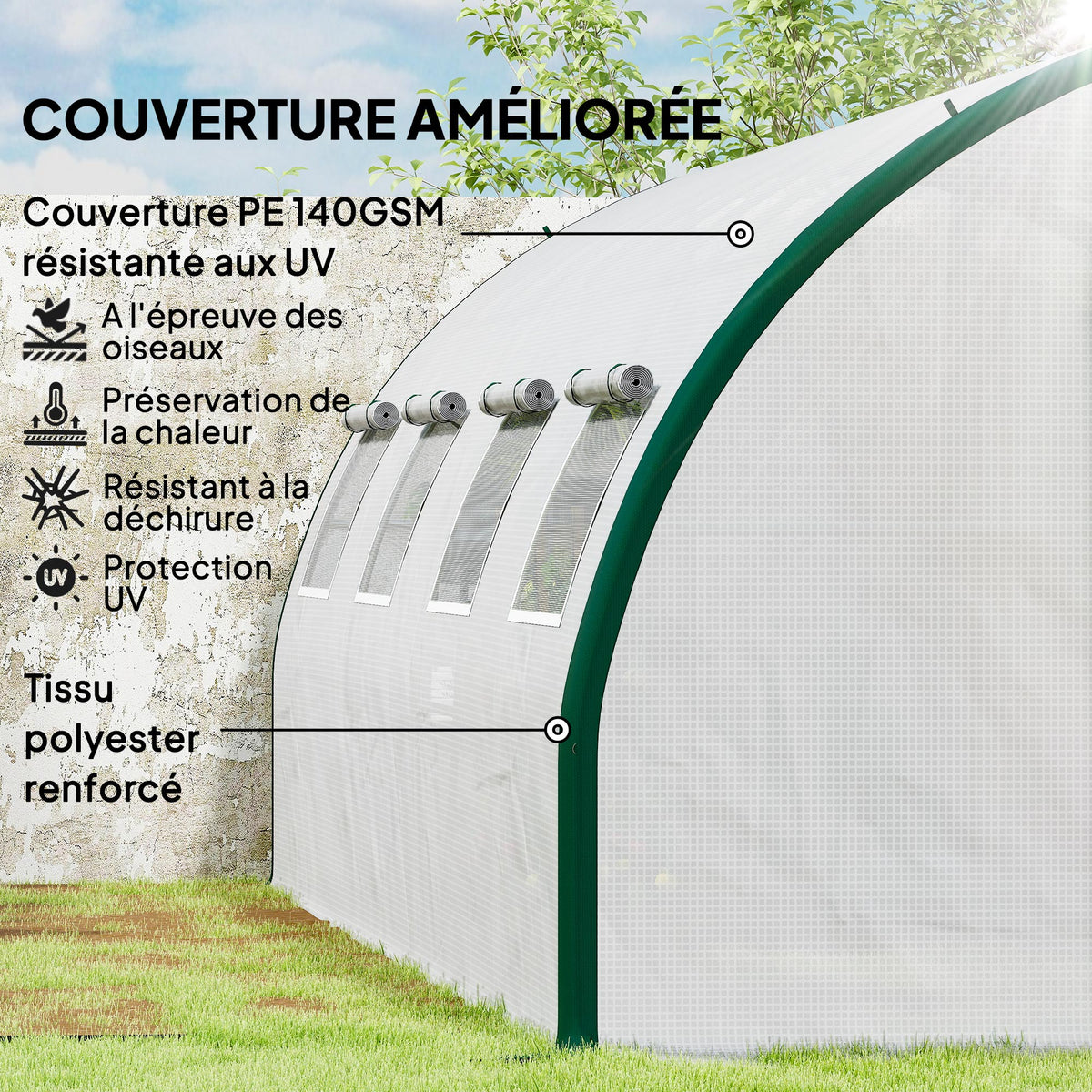 Serre tunnel de jardin 18m², serre de jardin tunnel avec portes et 8 fenêtres, bâche PE 140g/m² 600 x 300 x 200 cm blanc-3