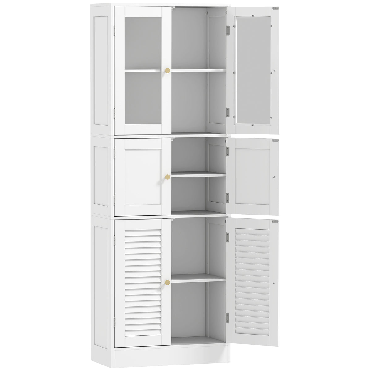 Meuble de salle de bain haut, meuble de rangement avec 6 portes dont 2 vitrées et 2 persiennes, étagère réglable, blanc-0