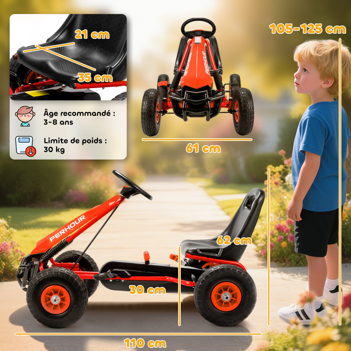 Kart à pédales Go-Kart pour enfants siège réglable pneus EVA embrayage manuel et frein 110 x 61 x 62 cm rouge-2