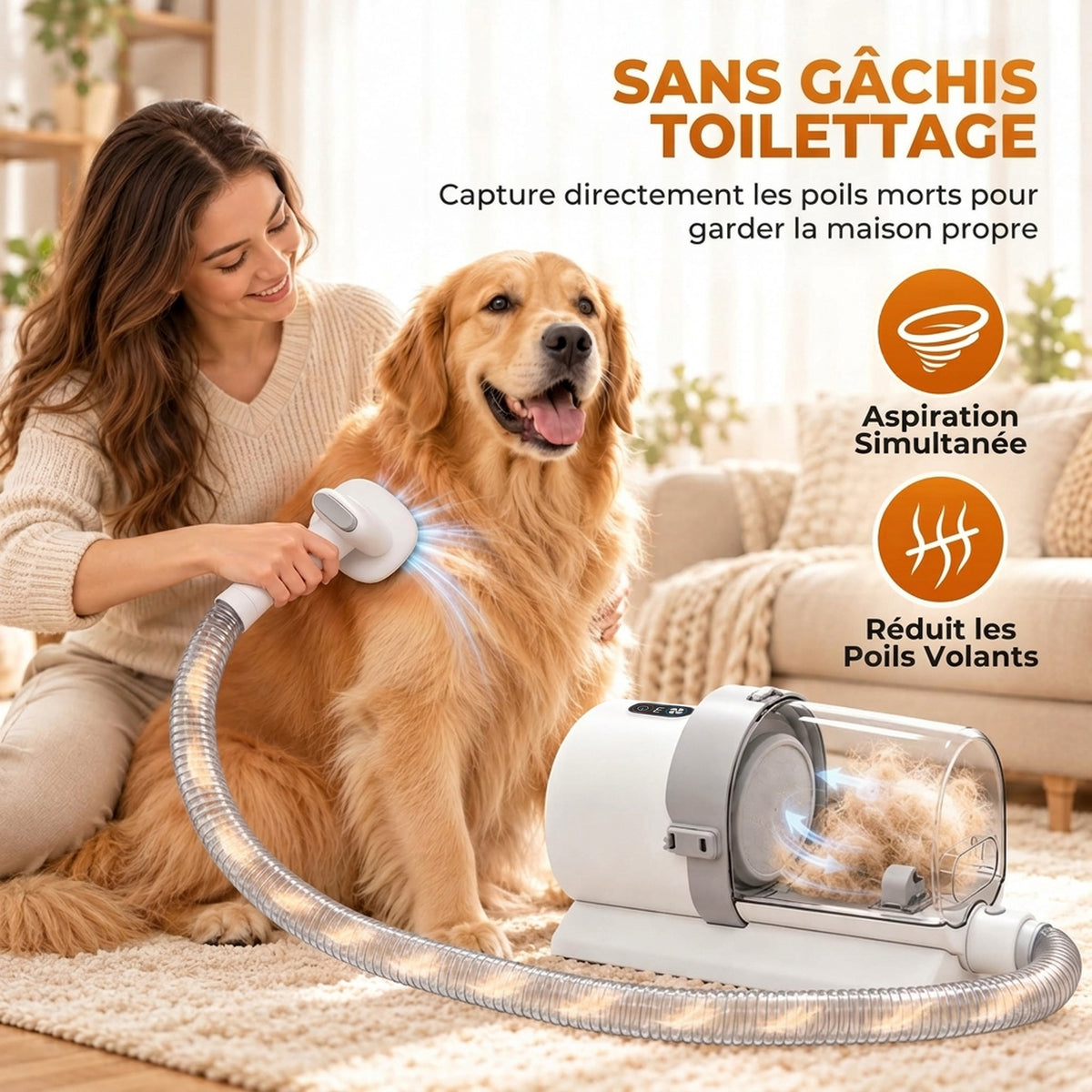 Aspirateur Toilettage Chien Chat 5 en 1 Tondeuse avec Aspiration Puissante 10kPa Grand Bac 2,5L Faible Bruit ≤65dB Blanc-4