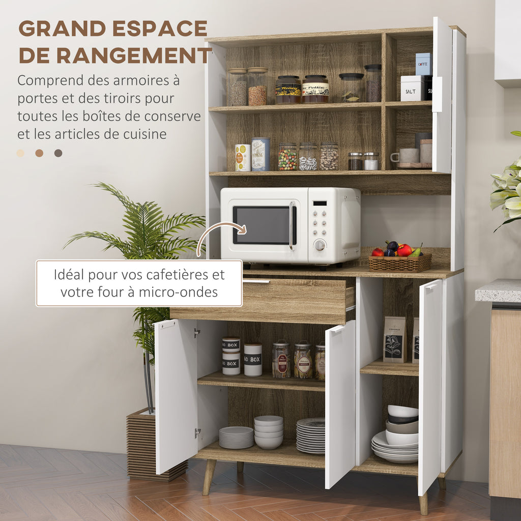 Armoire de cuisine meuble de rangement 4 portes 1 tiroir design scandinave 98 x 39 x 180 cm blanc et naturel-3