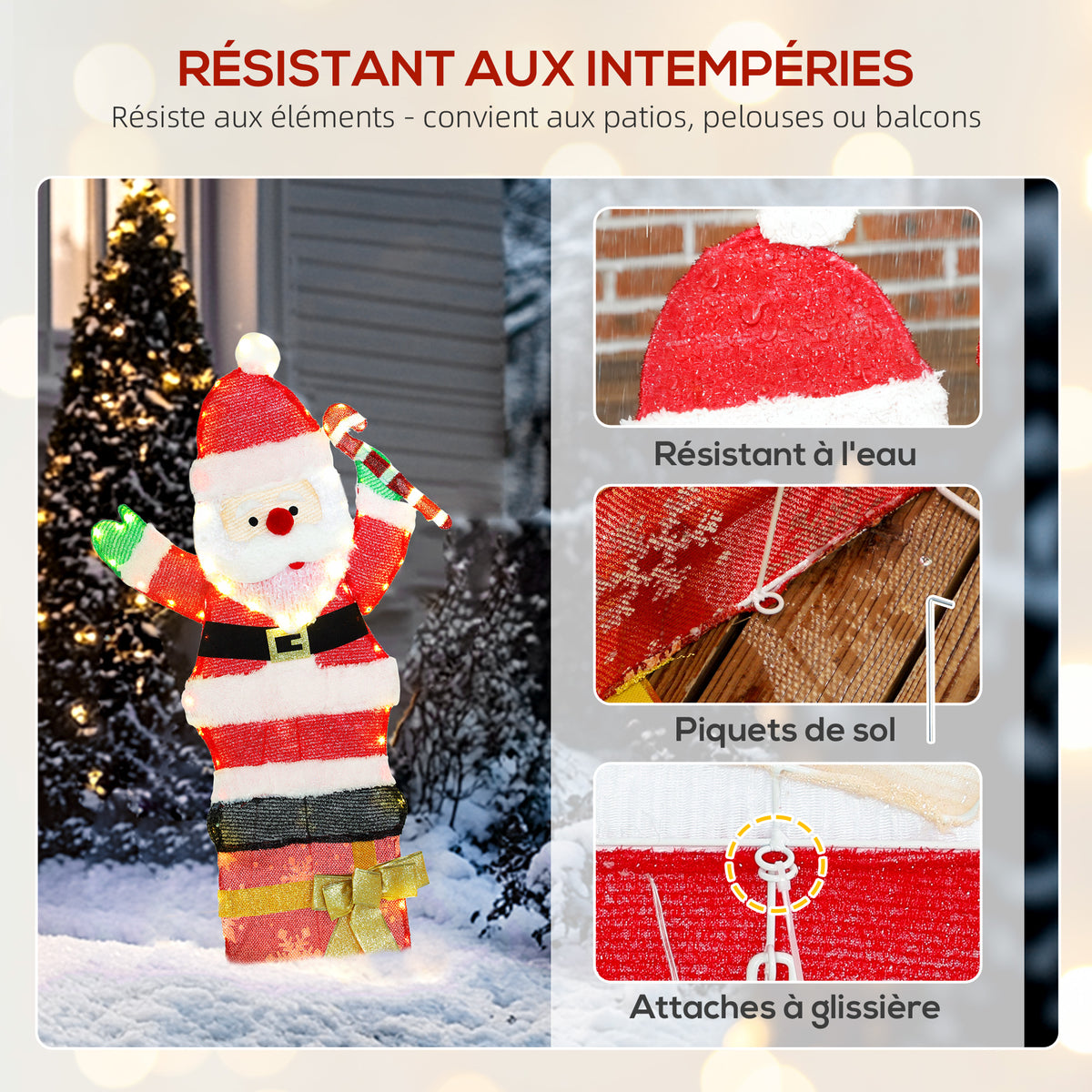 Père Noël lumineux de 90 cm avec 97 LED blanc chaud, décoration de Noël pour intérieur et extérieur-5