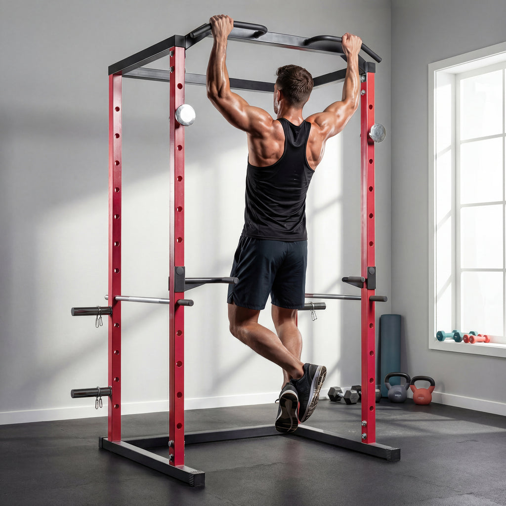 Station de Musculation Multifonction Acier Charge 460 kg, Barre de Traction, Rack de Squat, Dips, 160x112x215cm, Rouge-1