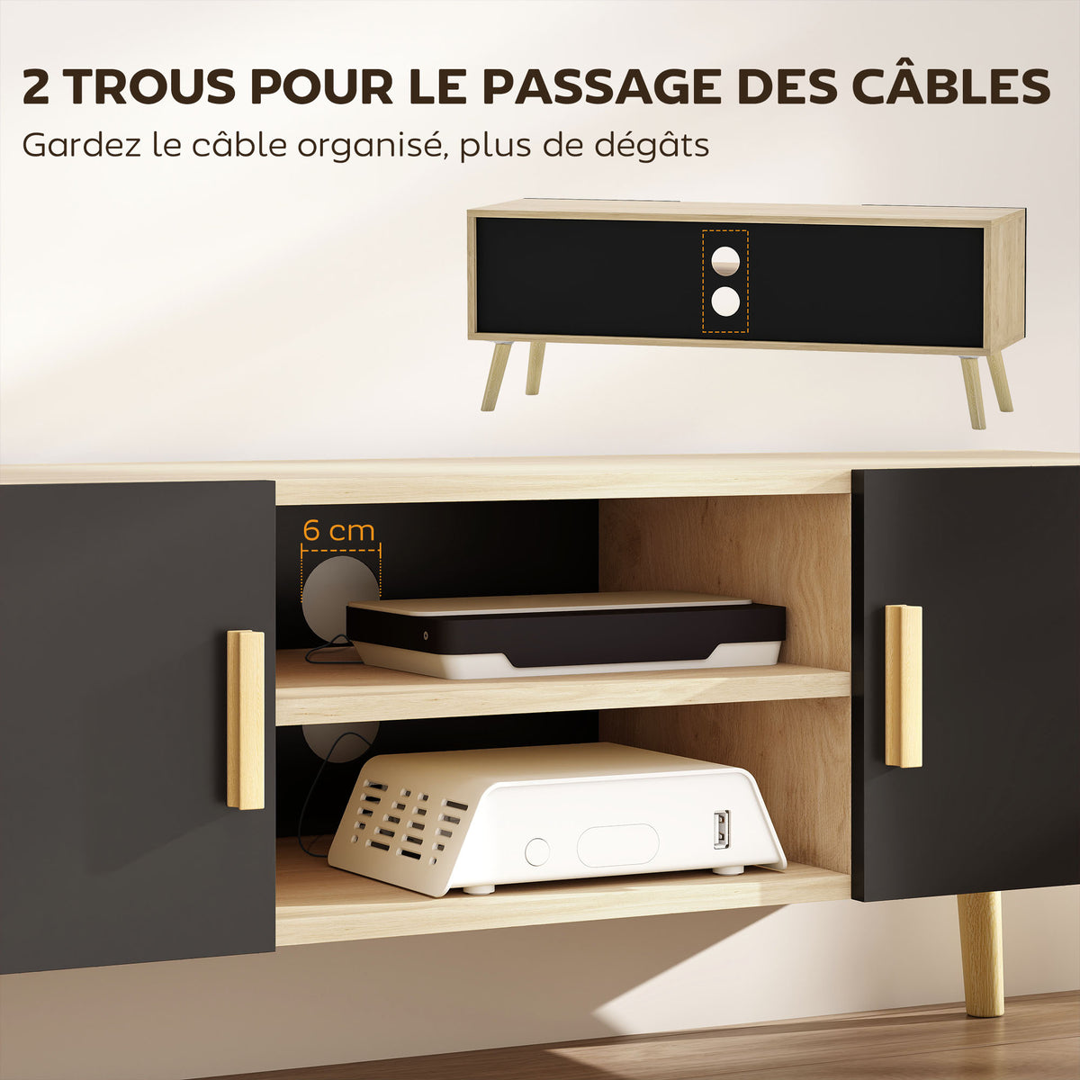 Meuble TV meuble télé bois banc TV jusqu'à 50 pouces avec étagères, 2 placards et passe-câbles, chêne-4