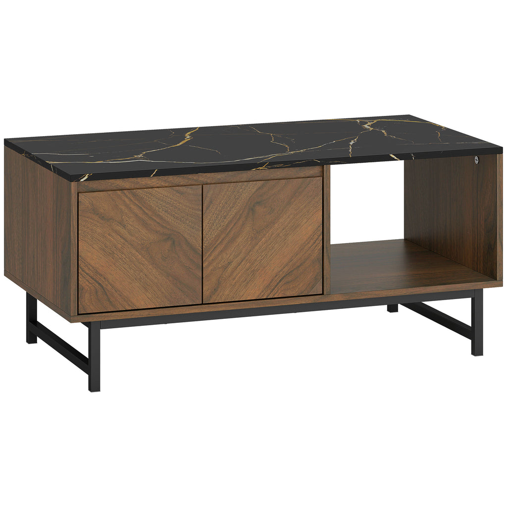 Table basse, table de salon, plateau effet marbre, 2 portes et 2 niches ouvertes, 100 x 50,8 x 45,7 cm, noyer-0