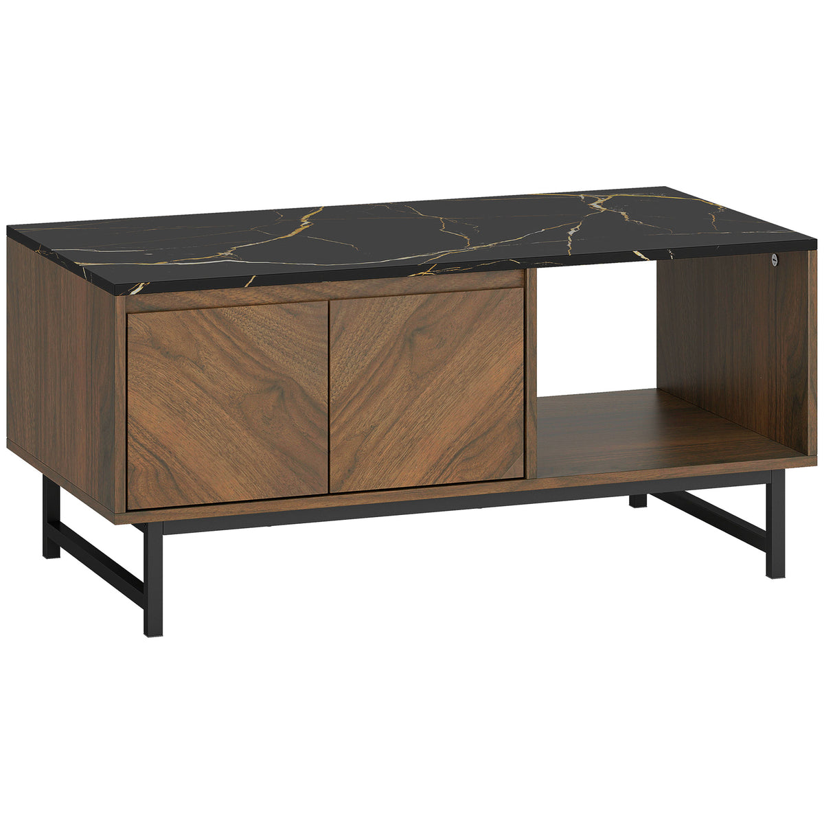 Table basse, table de salon, plateau effet marbre, 2 portes et 2 niches ouvertes, 100 x 50,8 x 45,7 cm, noyer-0
