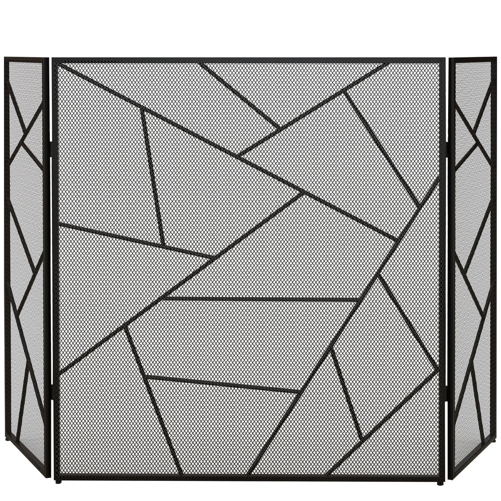 Pare feu cheminée pliable 3 panneaux en acier avec décor géométrique et pieds antidérapants, 135l x 1,2P x 85H cm, noir-0