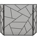 Pare feu cheminée pliable 3 panneaux en acier avec décor géométrique et pieds antidérapants, 135l x 1,2P x 85H cm, noir-0