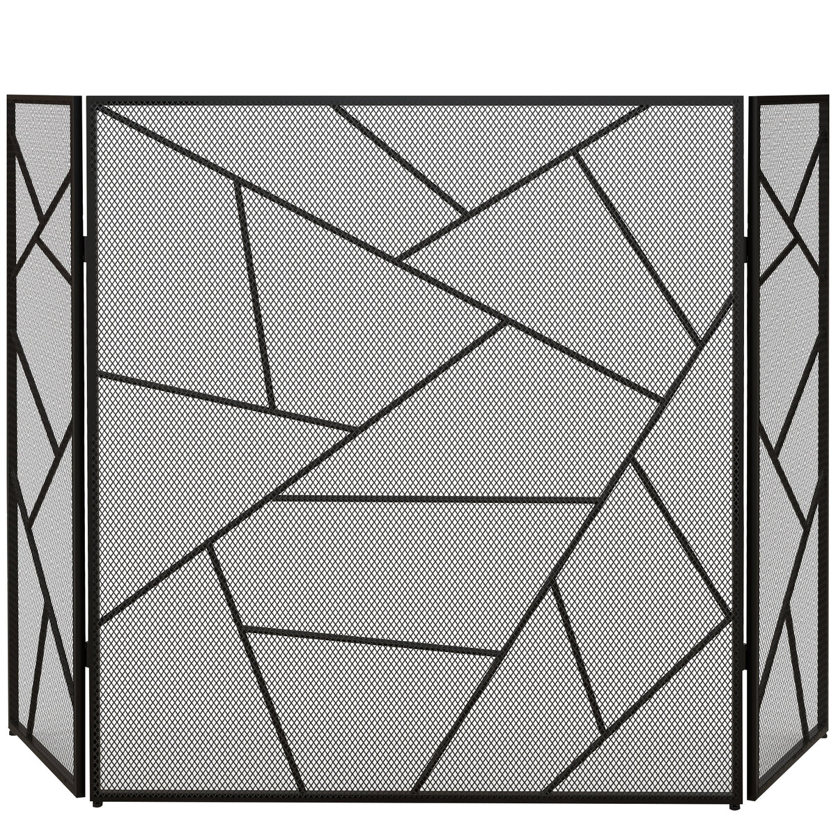 Pare feu cheminée pliable 3 panneaux en acier avec décor géométrique et pieds antidérapants, 135l x 1,2P x 85H cm, noir-0