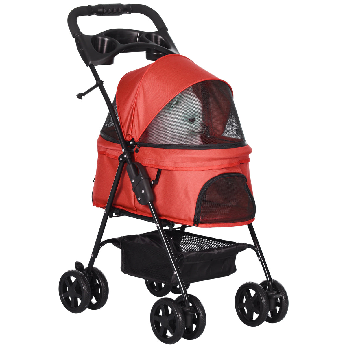 Poussette buggy pliable chien chat panier rangement porte-gobelets tissu 300D Oxford imperméable 4 roues rouge-0