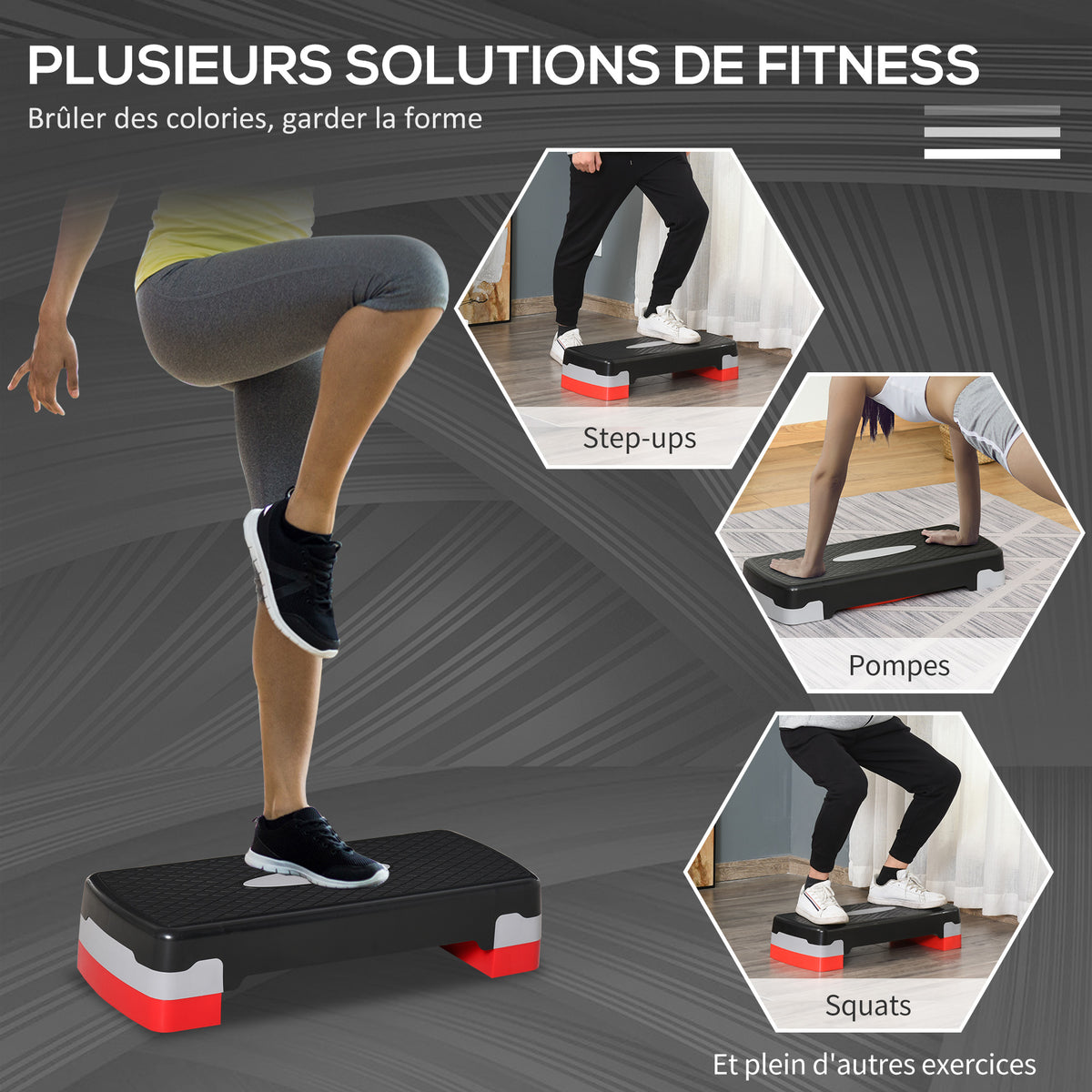 Stepper aerobic fitness hauteur reglable 2 niveaux surface antiderapante PP 68 x 29 x 15 cm rouge noir et gris-4