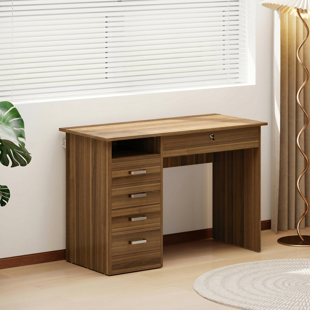 Bureau Informatique avec 5 Tiroirs, 110 x 50 cm, Bureau avec Rangement, Étagère Ouverte, Tiroir Verrouillable, Noyer-1