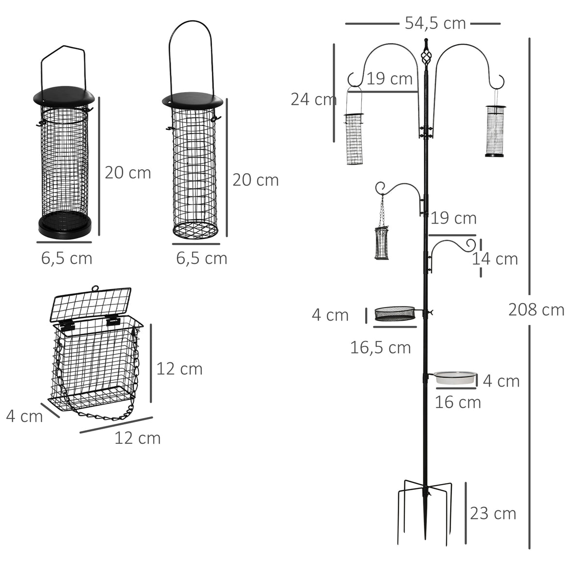 Station d'alimentation pour oiseaux en acier, mangeoir à oiseaux sur pied 208H cm avec 4 crochets, noir-2