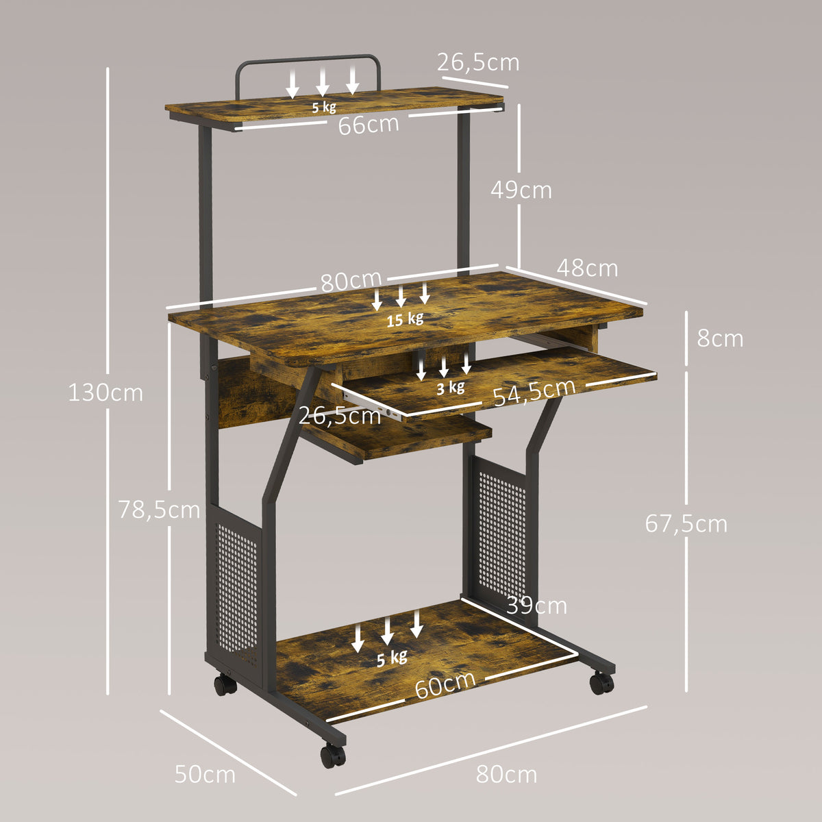 Bureau d'ordinateur roulant avec étagères de rangement, poste de travail et plateau pour clavier, 80x50x130cm, marron-2