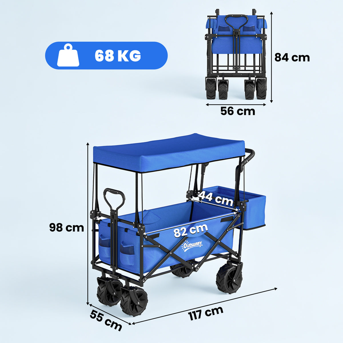 Chariot de Transport Pliable Tout Terrain 180 L, Poignée Télescopique Pousser-Tirer 2 en 1, Auvent Amovible, Bleu-2