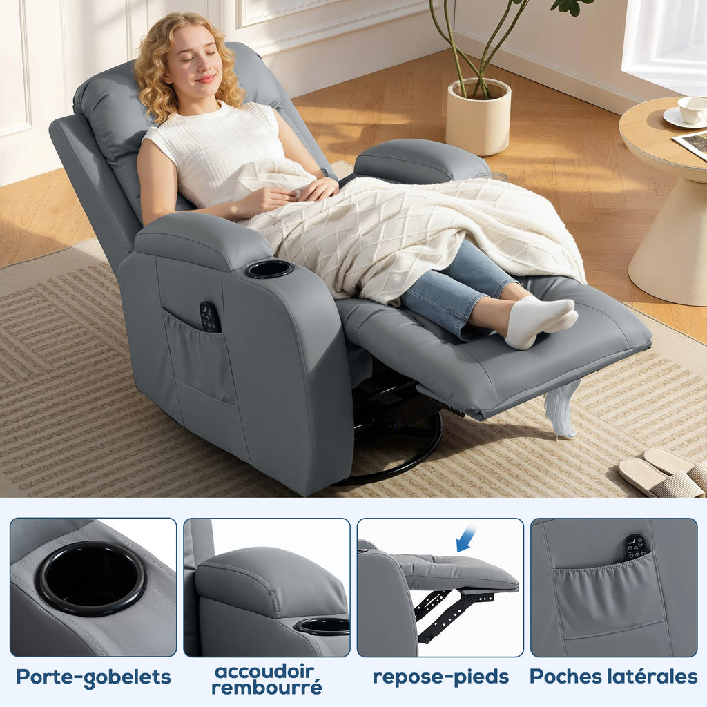 Fauteuil Inclinable de Massage et Chauffage, Fauteuil de Relaxation, Dossier Réglable, Pivotant, 82x99x103cm, Gris Clair-6