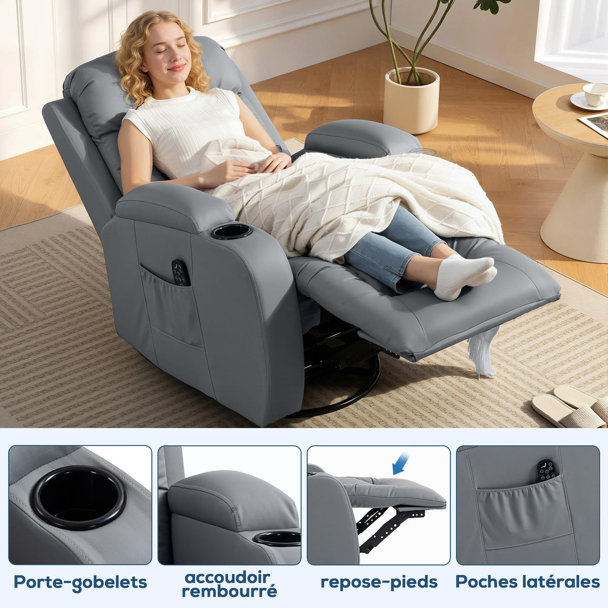 Fauteuil Inclinable de Massage et Chauffage, Fauteuil de Relaxation, Dossier Réglable, Pivotant, 82x99x103cm, Gris Clair-6