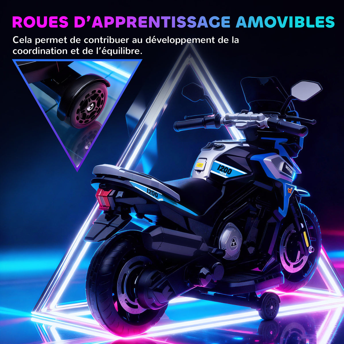 Moto électrique enfants 6 V, voiture électrique enfants avec roues d'entraînement, musique, effets lumineux, bleu-4