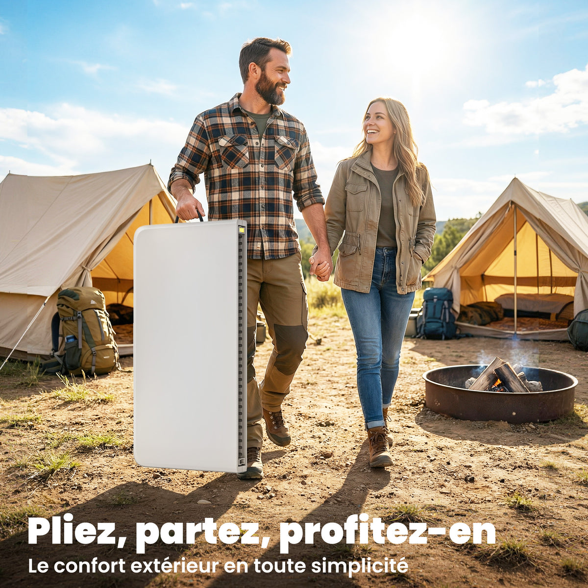 Table pliante en HDPE, table de camping pliante carrée 86 x 86 x 74 cm, avec une poignée, hauteur réglable, blanc-4