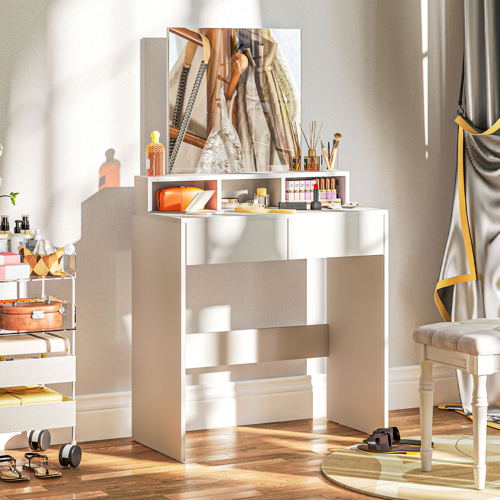 Coiffeuse avec miroir, table de maquillage avec 2 tiroirs et 3 compartiments, style moderne, 75 x 38 x 135 cm, blanc-7