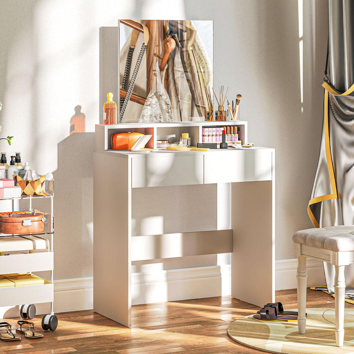 Coiffeuse avec miroir, table de maquillage avec 2 tiroirs et 3 compartiments, style moderne, 75 x 38 x 135 cm, blanc-7