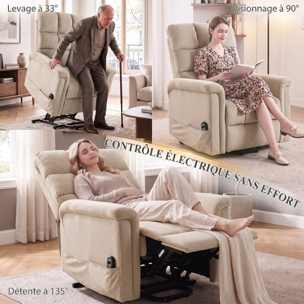 Fauteuil Releveur Électrique, Fauteuil Relax Électrique en Velours avec Dossier Inclinable, Télécommande, Marron-3