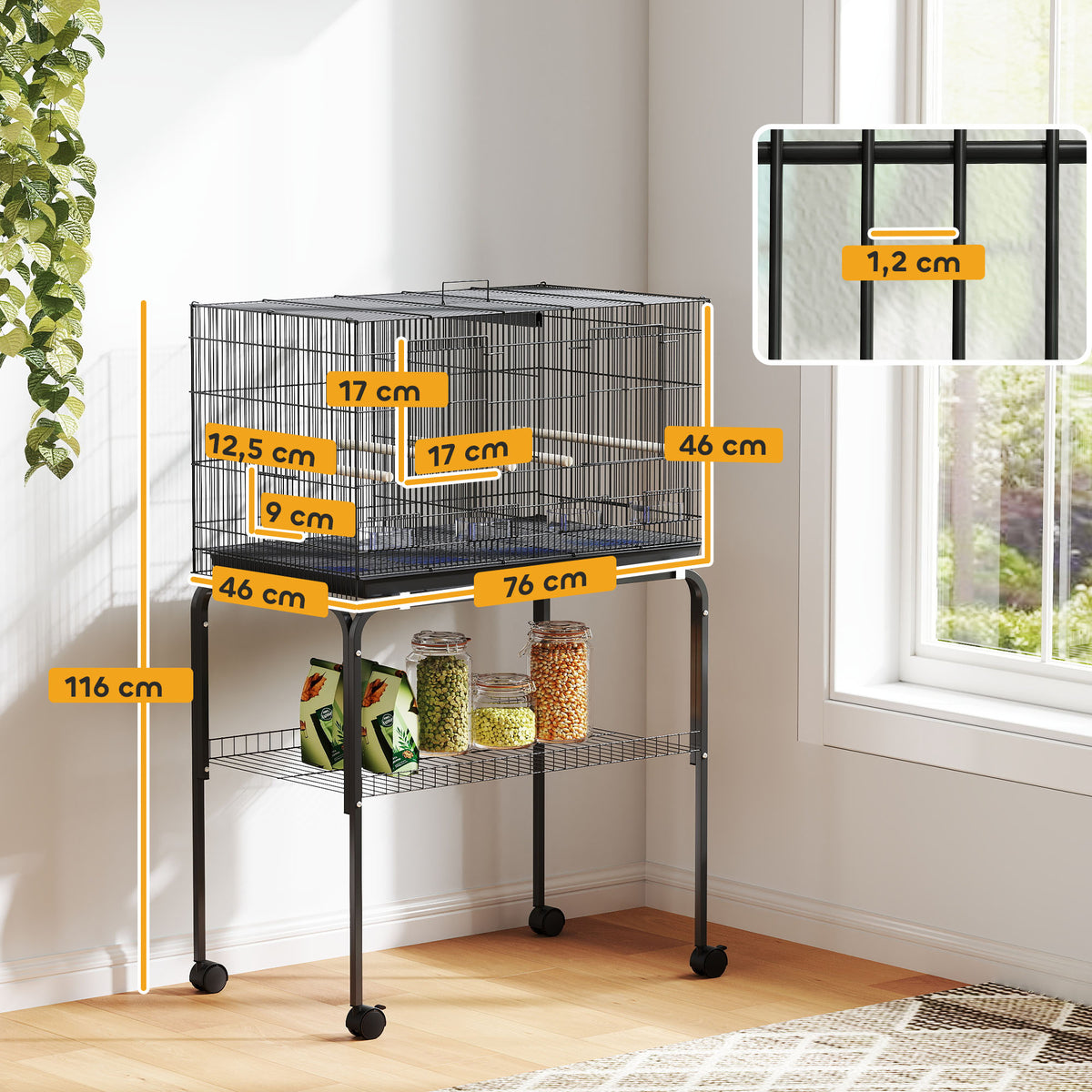 Cage à Oiseaux Volière Intérieur Acier avec Séparateur, 4 Perchoirs, Plateau Coulissant, 4 Mangeoires, 76x46x116cm, Noir-2