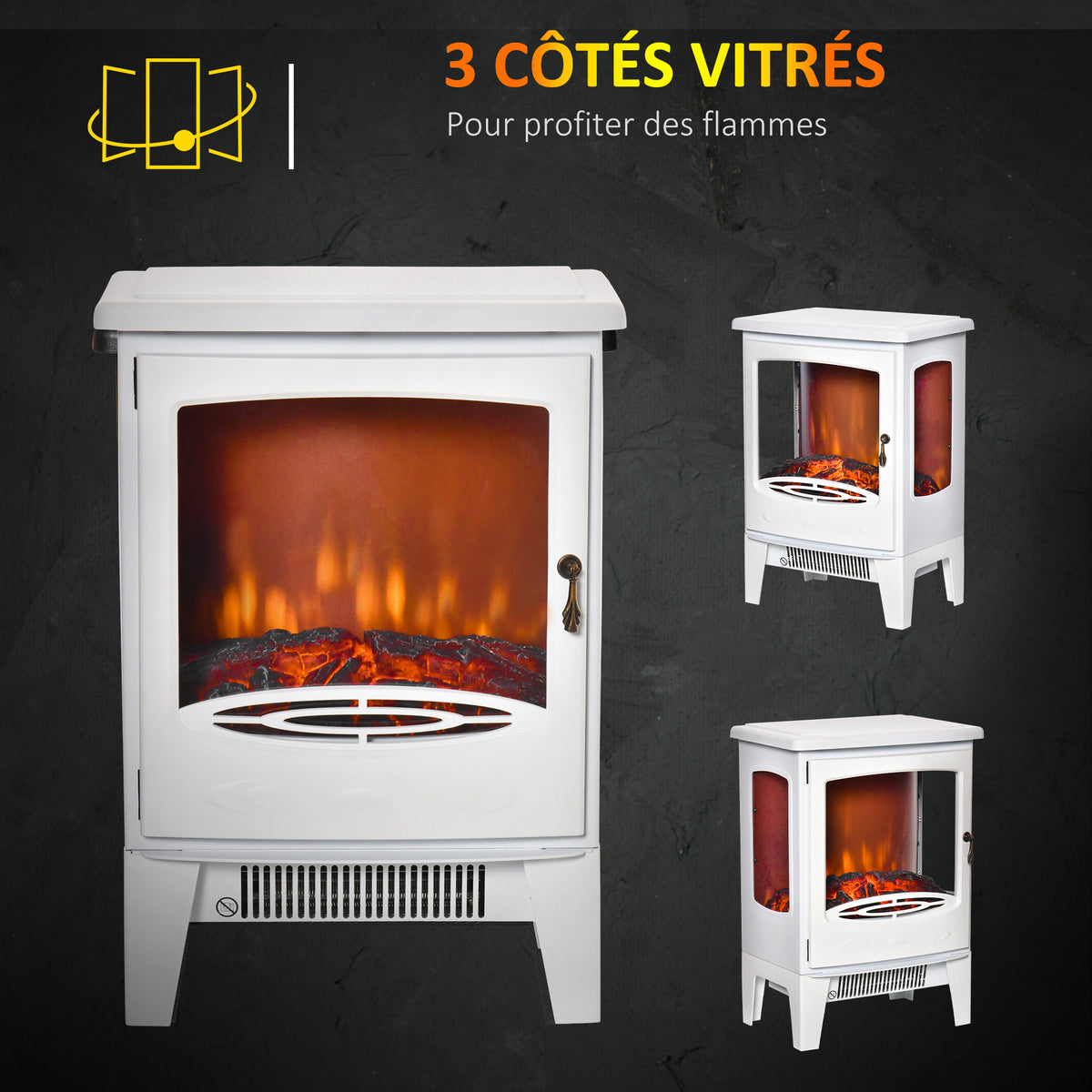 Cheminée électrique poêle Style néo-rétro 900-1800 W Simulation Flammes LED luminosité réglable Acier ABS Blanc-3