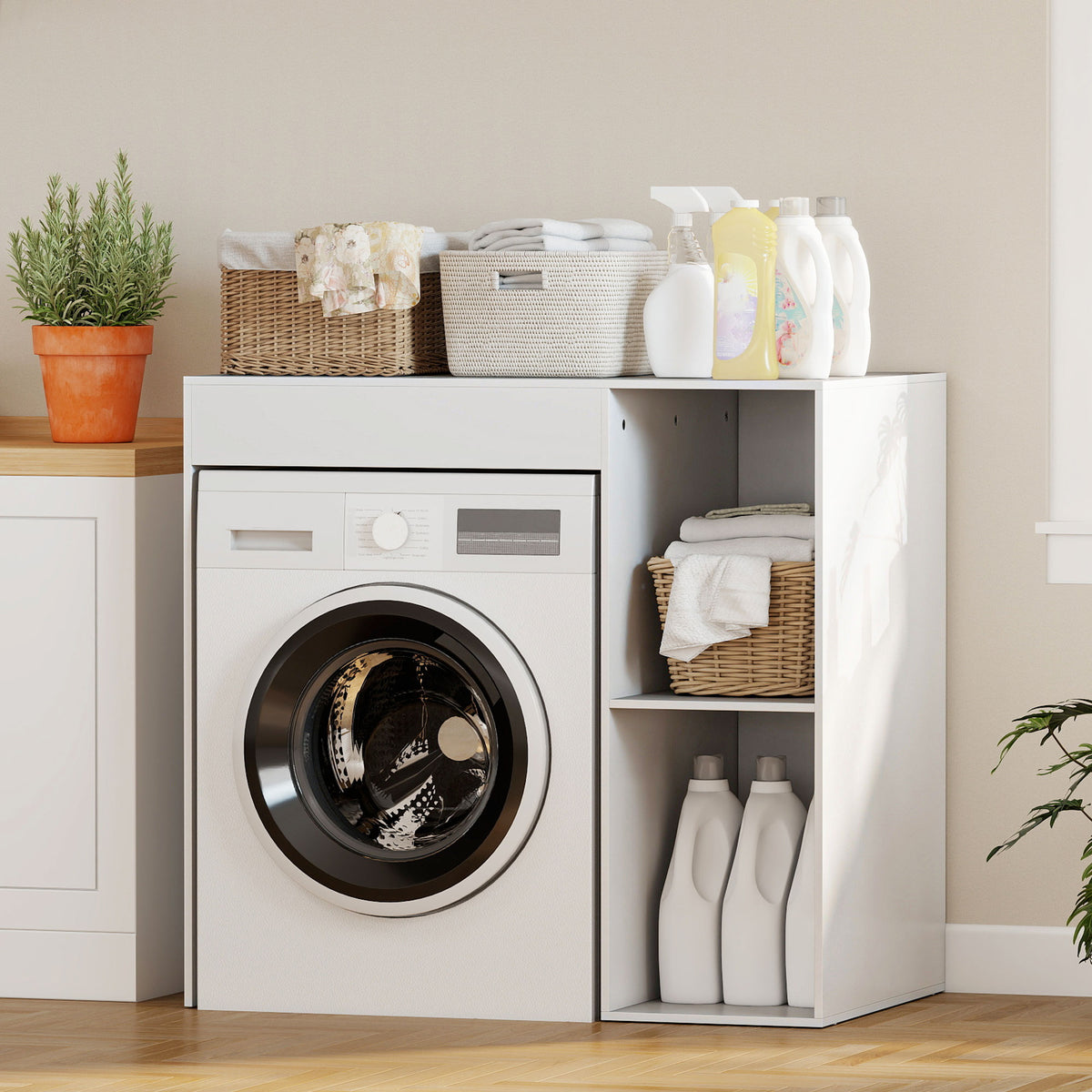 Meuble machine à laver, armoire machine a laver et sèche-linge avec 2 compartiments ouverts, 96 x 60 x 90,5 cm, blanc-9