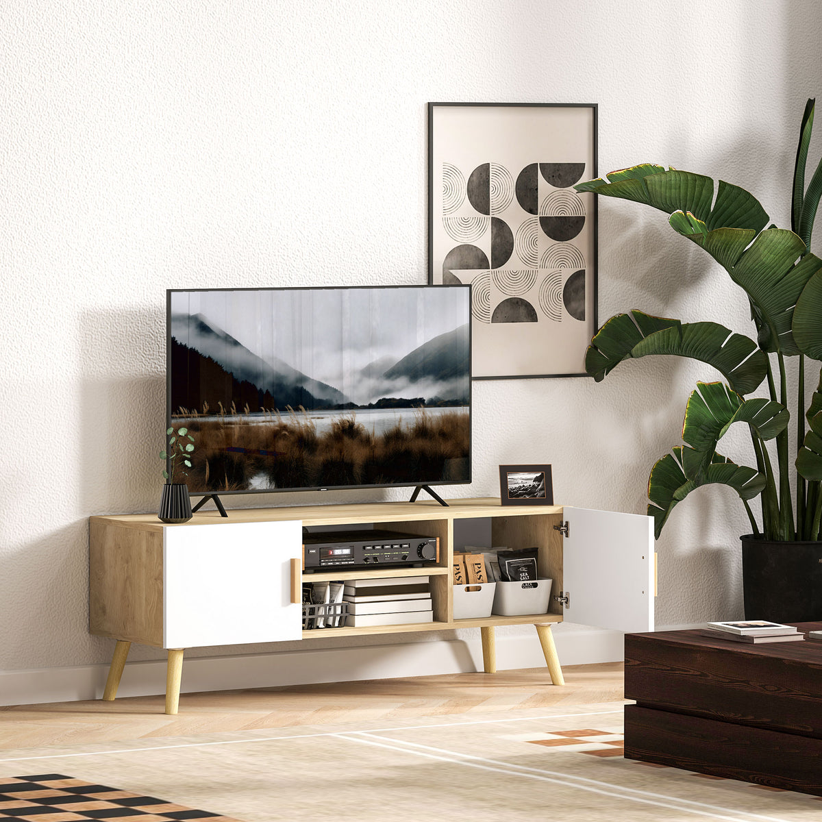 Meuble TV meuble télé bois banc TV jusqu'à 50 pouces avec étagères, 2 placards et passe-câbles, chêne-1