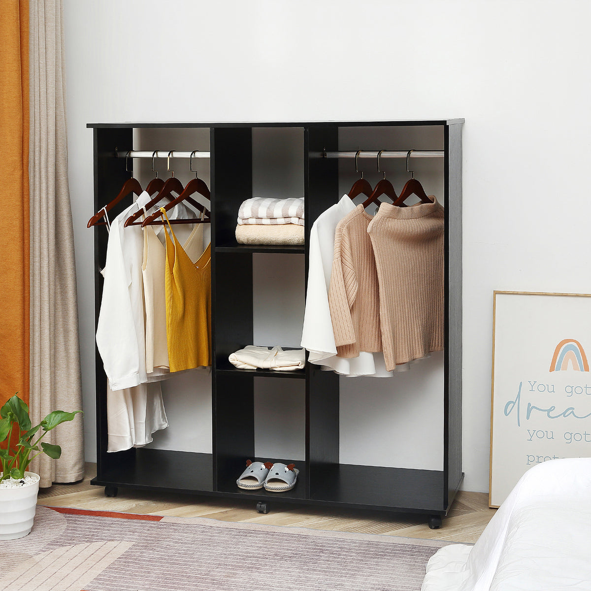 Armoire penderie Meuble de Rangement Mobile 6 roulettes 120L x 40l x 128H cm en bois Noir-1