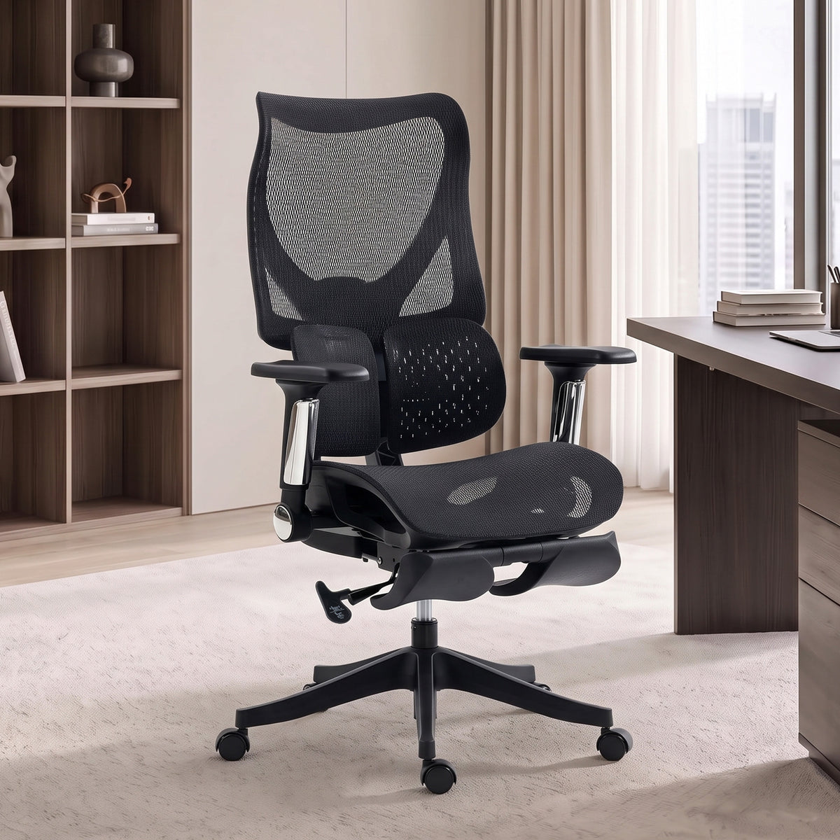 Chaise Bureau Ergonomique, Fauteuil de Bureau Inclinable en Maille, Support Lombaire, Accoudoirs 4D, Noir-1