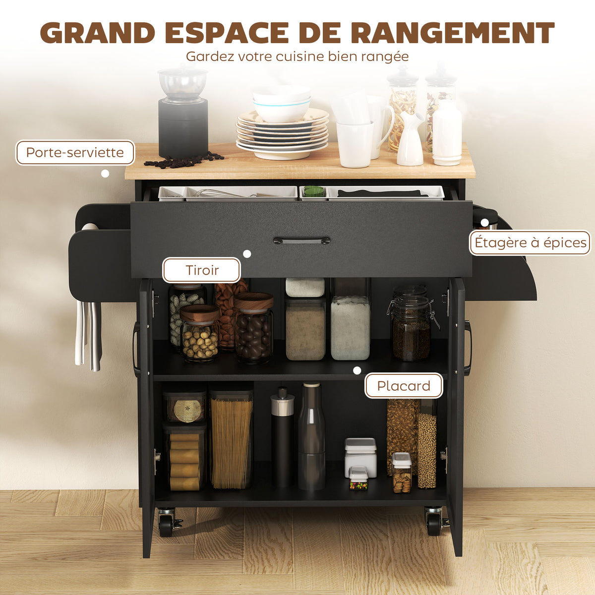 Dessert îlot de cuisine multi-rangements tiroirs placard 2 portes avec étagère réglable 105 x 36 x 85 cm noir-3