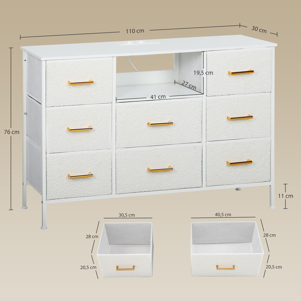 Commode 8 tiroirs en tissu bouclette, meuble de rangement avec 2 prises de courant, structure en acier 110x30x76cm crème-2