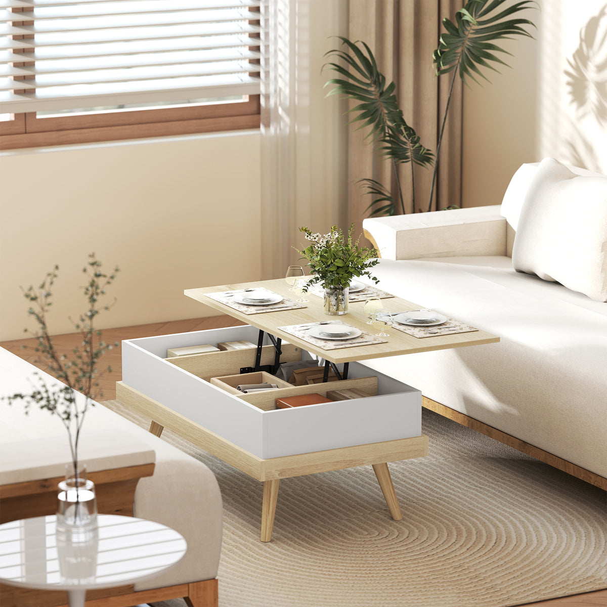 Table Basse Relevable avec 3 Compartiments Cachés, Table de Salon Moderne, Pieds en Bois, 100x79x54cm, Naturel Blanc-6