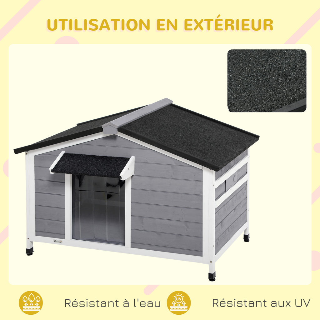 Niche chien style cottage - 2 fenêtres, porte, toit ouvrant bitumé - dim. 109 x 79 x 72 cm - bois sapin gris-5