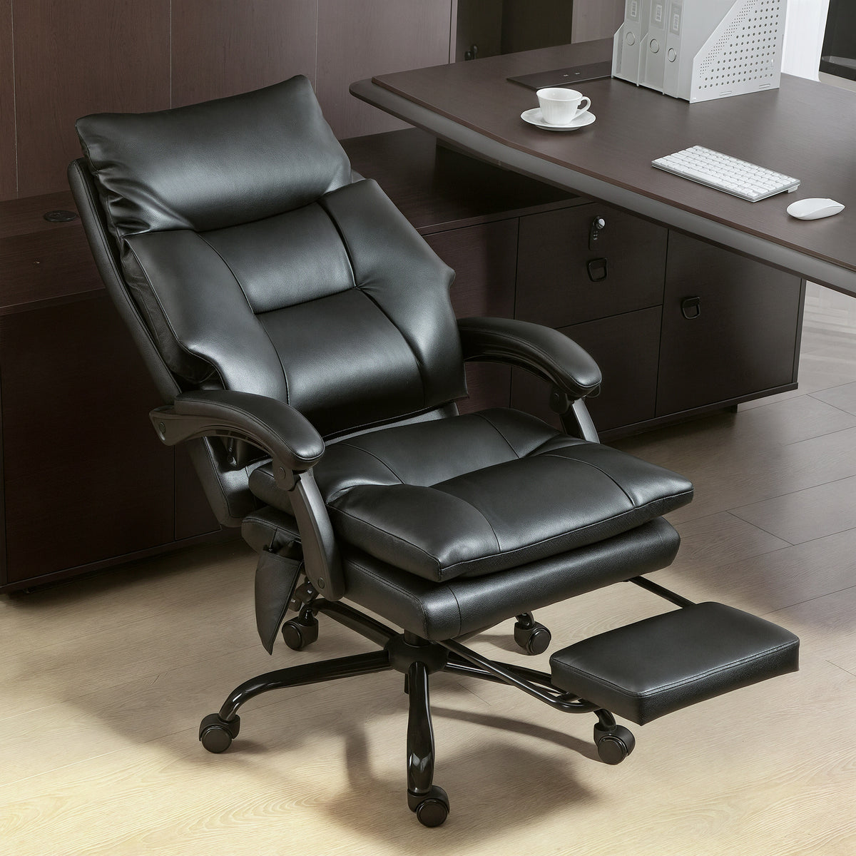 Chaise bureau ergonomique fauteuil de bureau en PU soutien lombaire gonflable dossier inclinable hauteur réglable noir-1