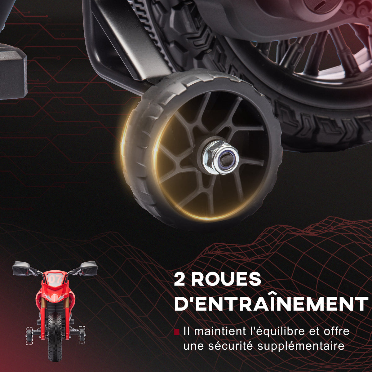 Moto cross électrique pour enfants 3-8 ans, batterie 6 V, 2 moteurs, klaxon et roues d'entraînement, charge 30KG, rouge-4