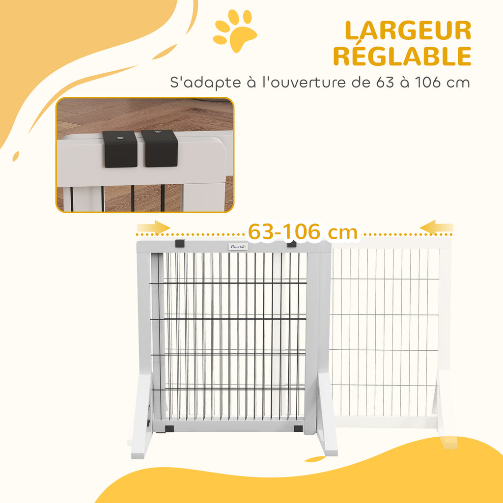 Barrière de sécurité pour chien barrière de protection à 2 panneaux largeur réglable 63-106 cm en bois acier blanc-5