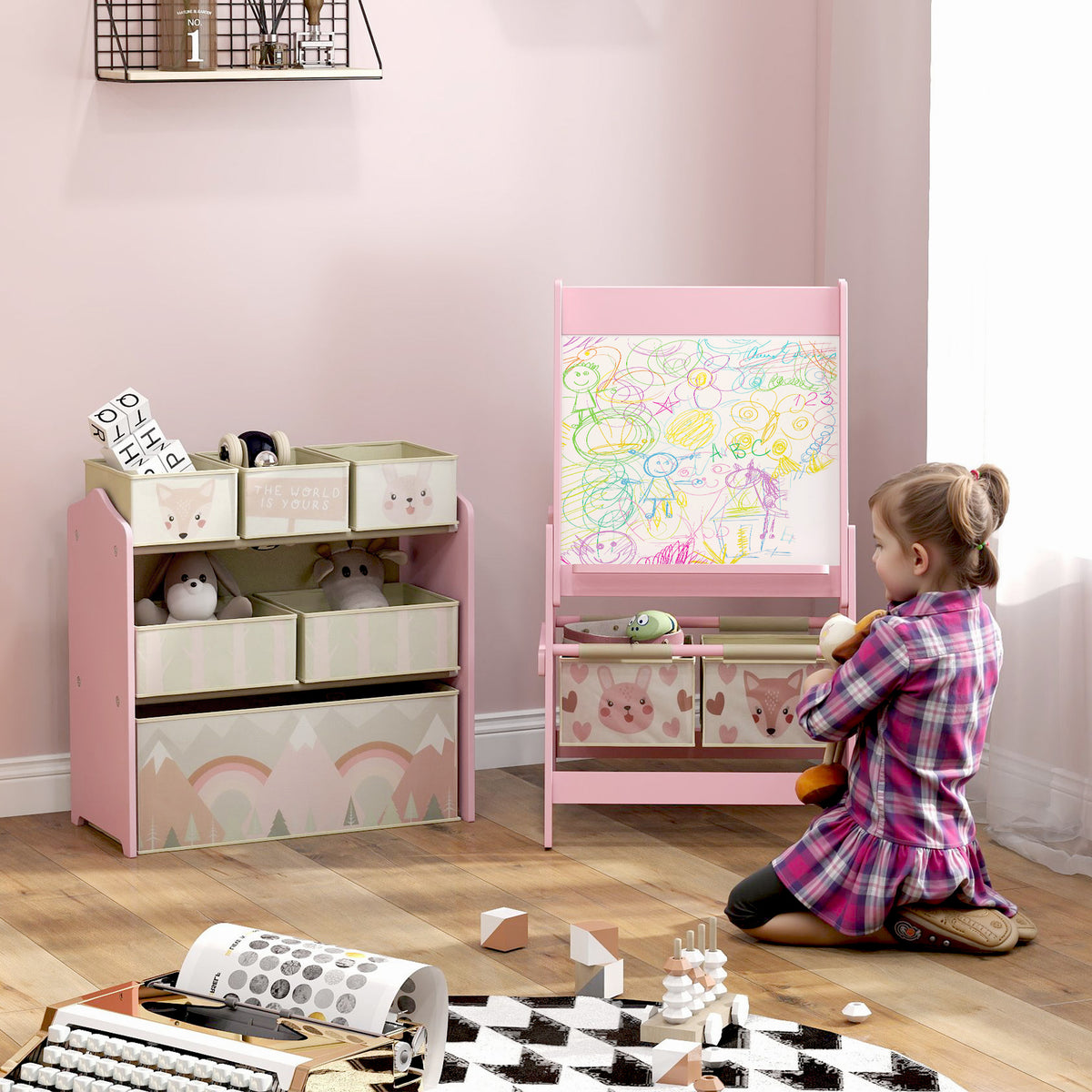 Tableau chevalet double-face rouleau papier 2 paniers + meuble à jouets de rangement à 6 boîtes, 63 x 30 x 66 cm, rose-1