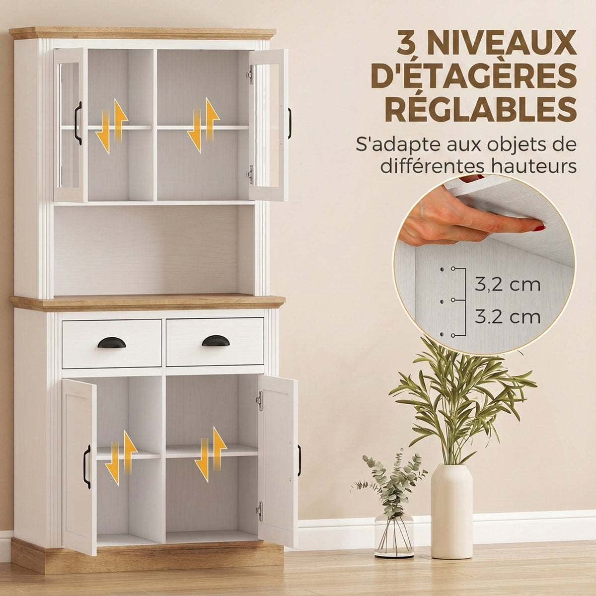 Buffet Haut Cuisine, Armoire Cuisine, 4 Portes dont 2 en Verre, 2 Tiroirs, Plan de Travail, Étagères Réglables, Blanc-4