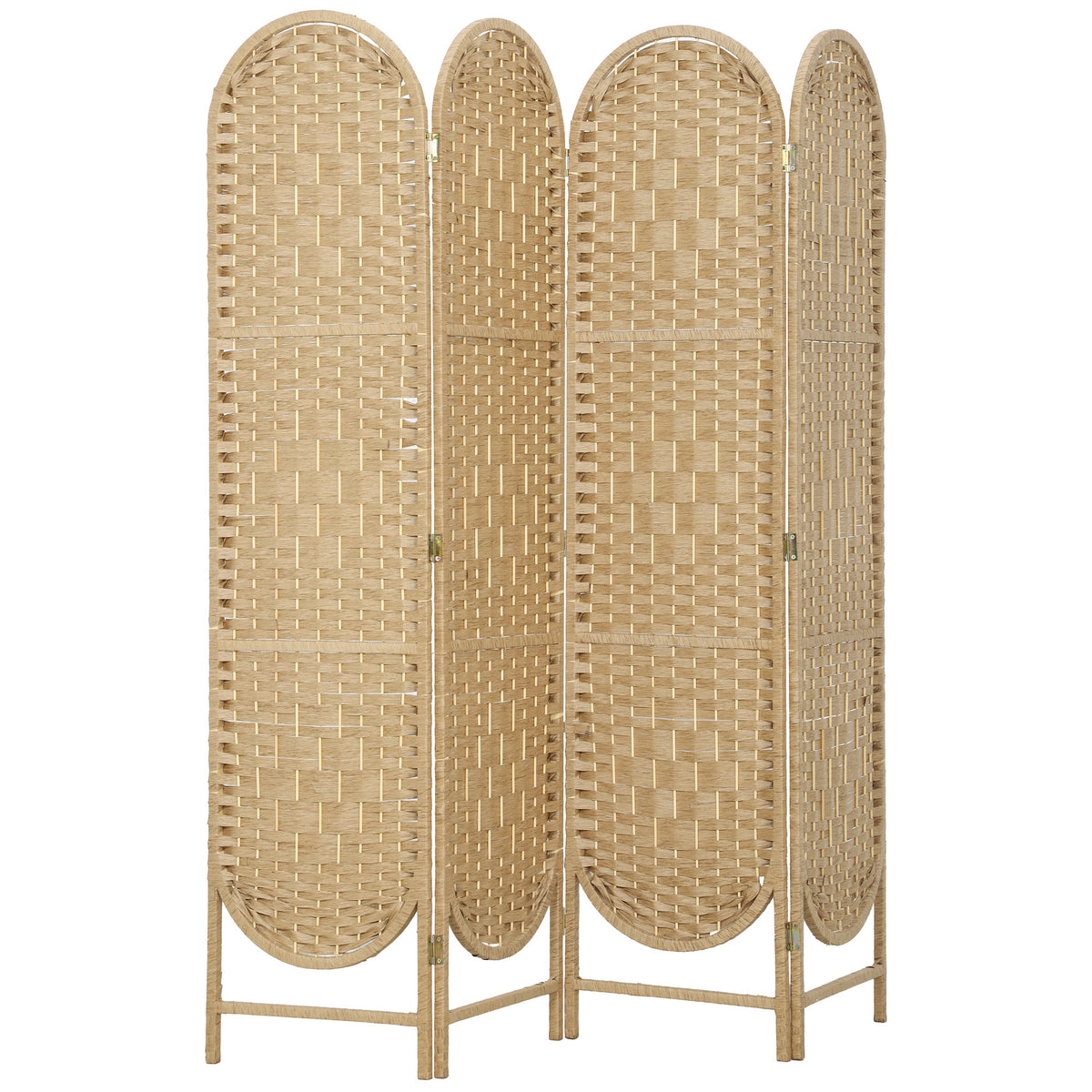 Paravent interieur ovale 4 panneaux 160 x 170 cm séparateur de pièce pliable, léger et tissé, bois naturel-0