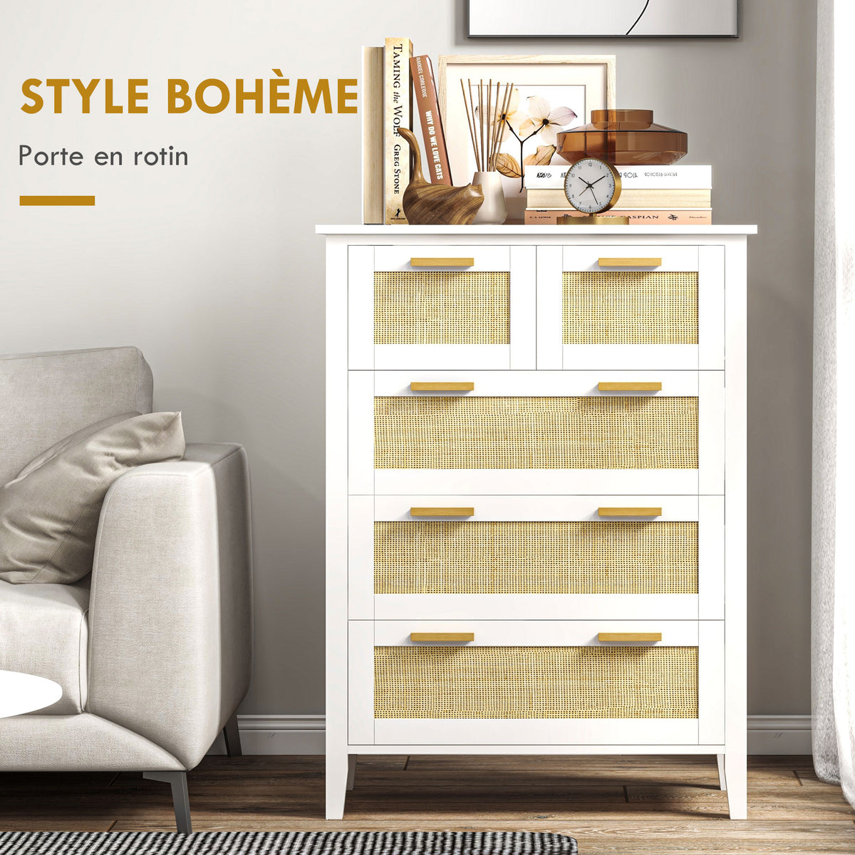 Commode 5 tiroirs poignées en bois massif glissières en métal pour bureau salon chambre à coucher 77 x 37 x 104 cm blanc-4