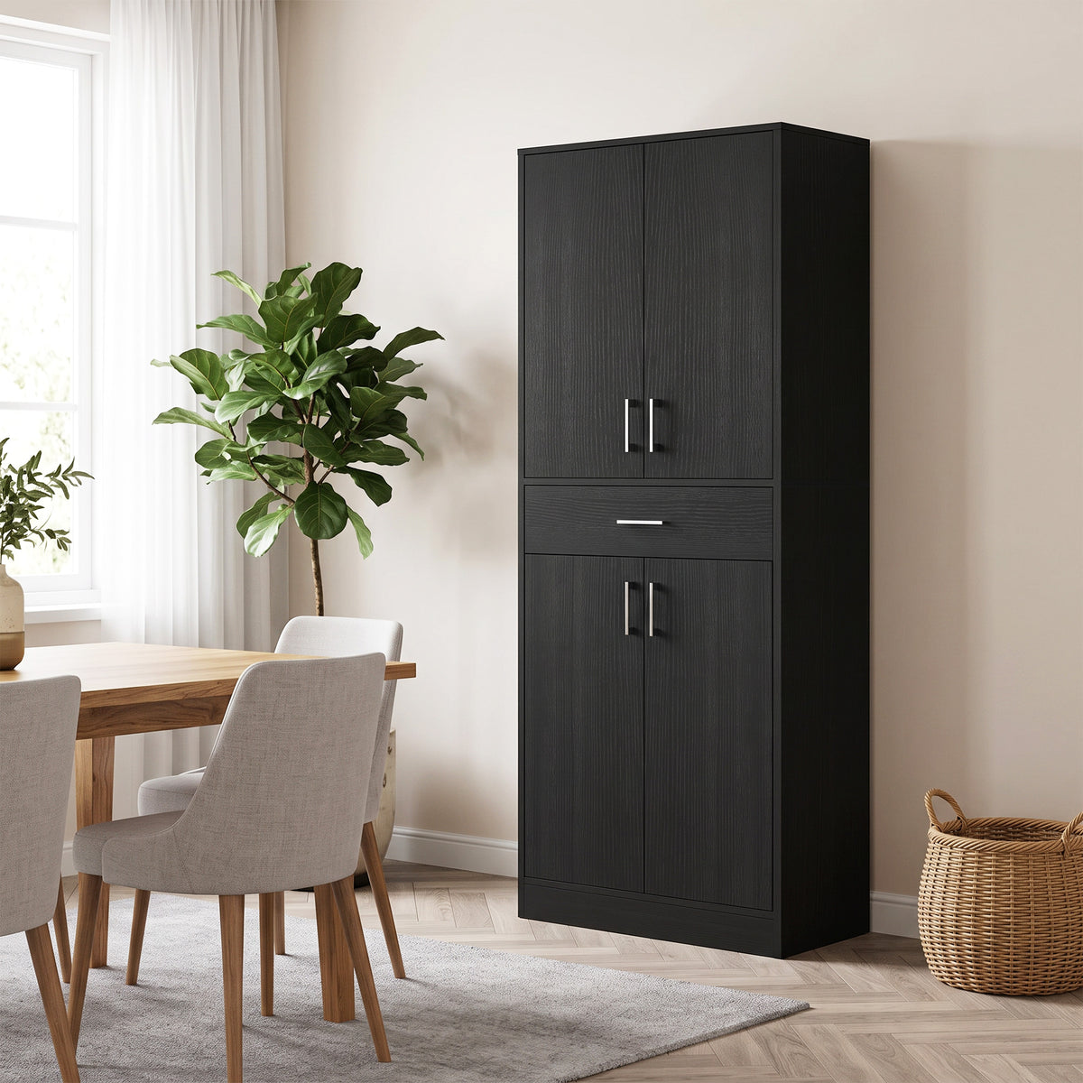 Buffet haut armoire de cuisine 4 portes 2 placards et 1 tiroir central hauteur 180 cm avec 2 étagères réglables noir-1
