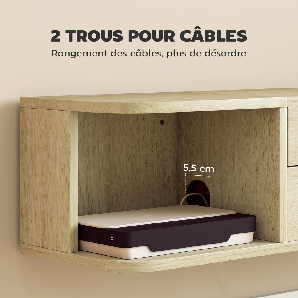 Meuble TV suspendu meuble télé pour téléviseur 50 pouces tiroir étagères passe-câbles 120x24x22,4cm effet bois naturel-6