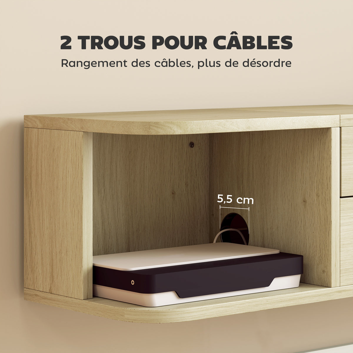Meuble TV suspendu meuble télé pour téléviseur 50 pouces tiroir étagères passe-câbles 120x24x22,4cm effet bois naturel-6